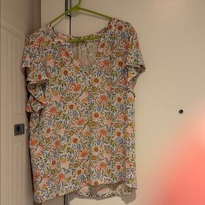 LOFT Multicolor Mixed Media Floral V-Neck Blouse